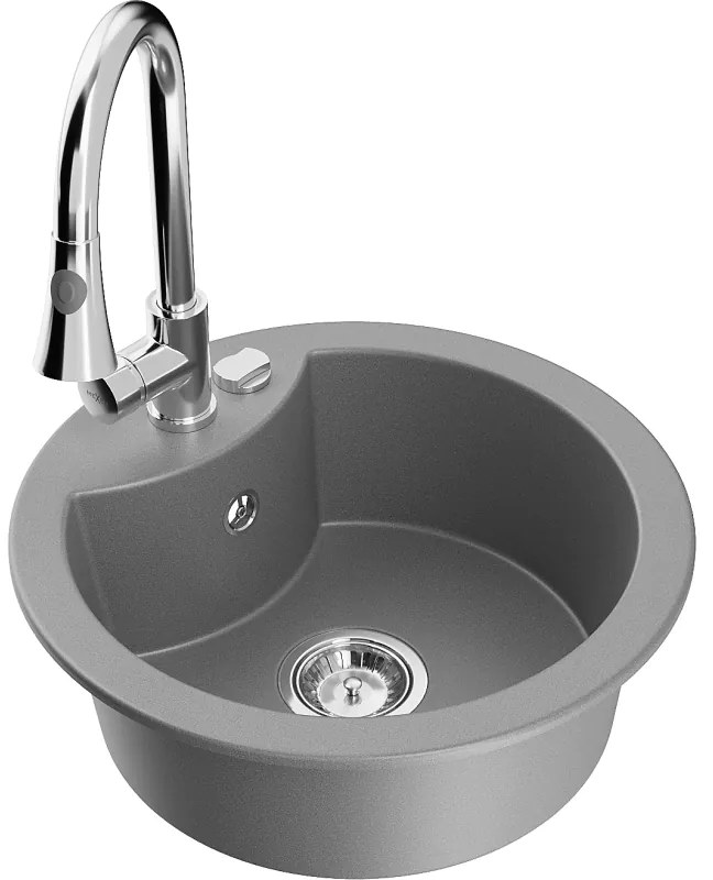 Mexen Diego, 1 kamrás gránit mosogató 488x488x167 mm és Elia mosogató csaptelep, szürke, 6512-71-670101-00
