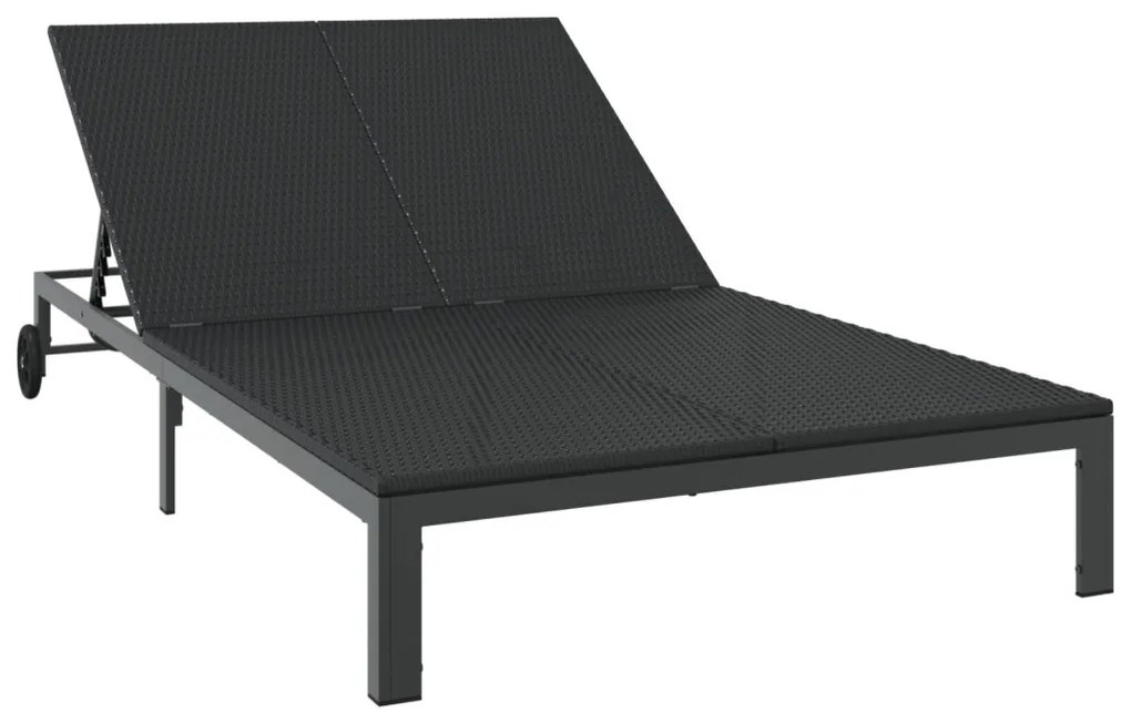 Napozóágy Párnákkal és Kerekekkel 2 Személyes Fekete Poli Rattan