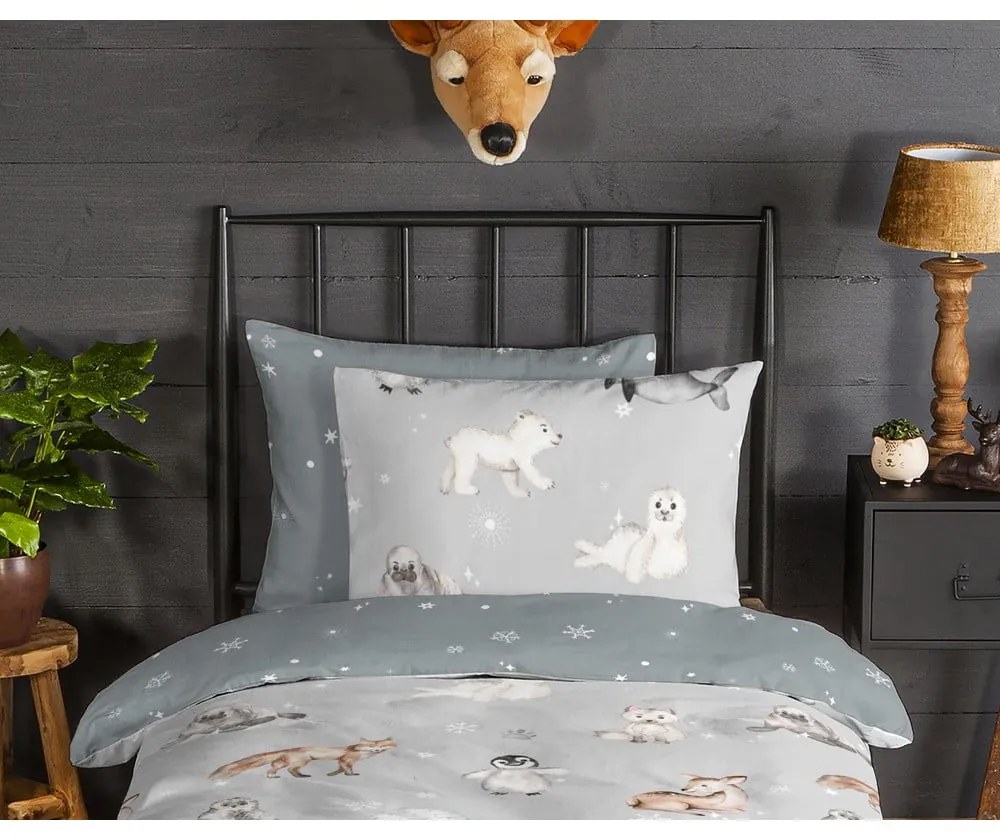 Szürke egyszemélyes flanel gyerek ágyneműhuzat 140x200 cm Cira – Good Morning