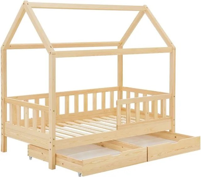 Természetes fa gyerekágy ház formában, tárolóval