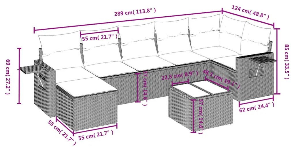 8 részes fekete polyrattan kerti ülőgarnitúra párnákkal