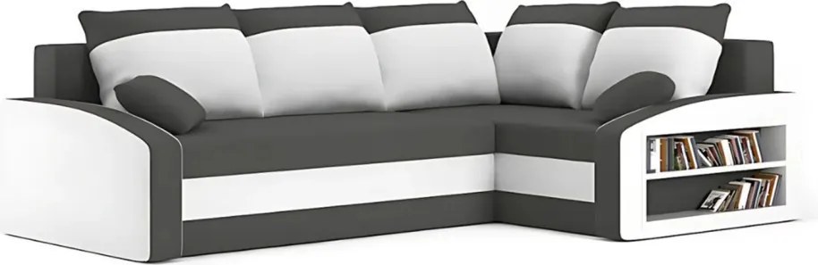 Grande sarokkanapé polcokkal , polc a jobb karfaban, jobboldali, szövet anyag, hab töltet, szürke - fehér