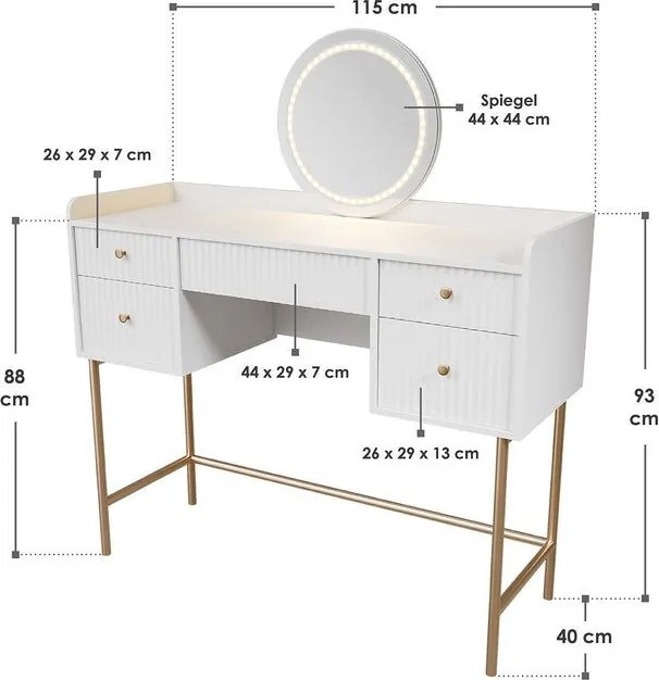 Kozmatikai asztal LED tükörrel 5 fiókkal fehér/arany