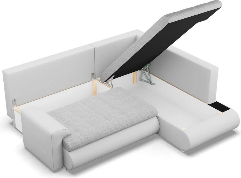 Tokio sarokkanapé, L alakú háttámlával, 2 ágyneműtartóval, fonott + műbőr, jobboldali, szürke - fehér