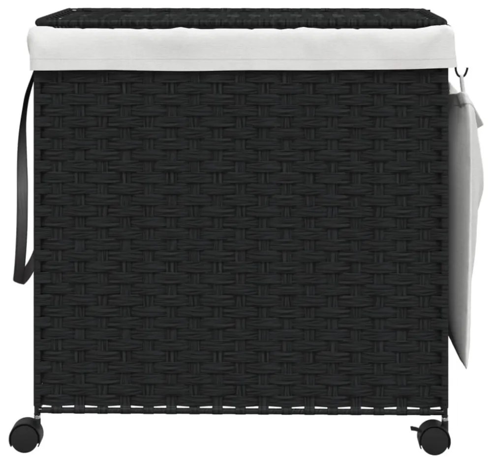 fekete rattan szennyeskosár kerekekkel 60x35x60,5 cm