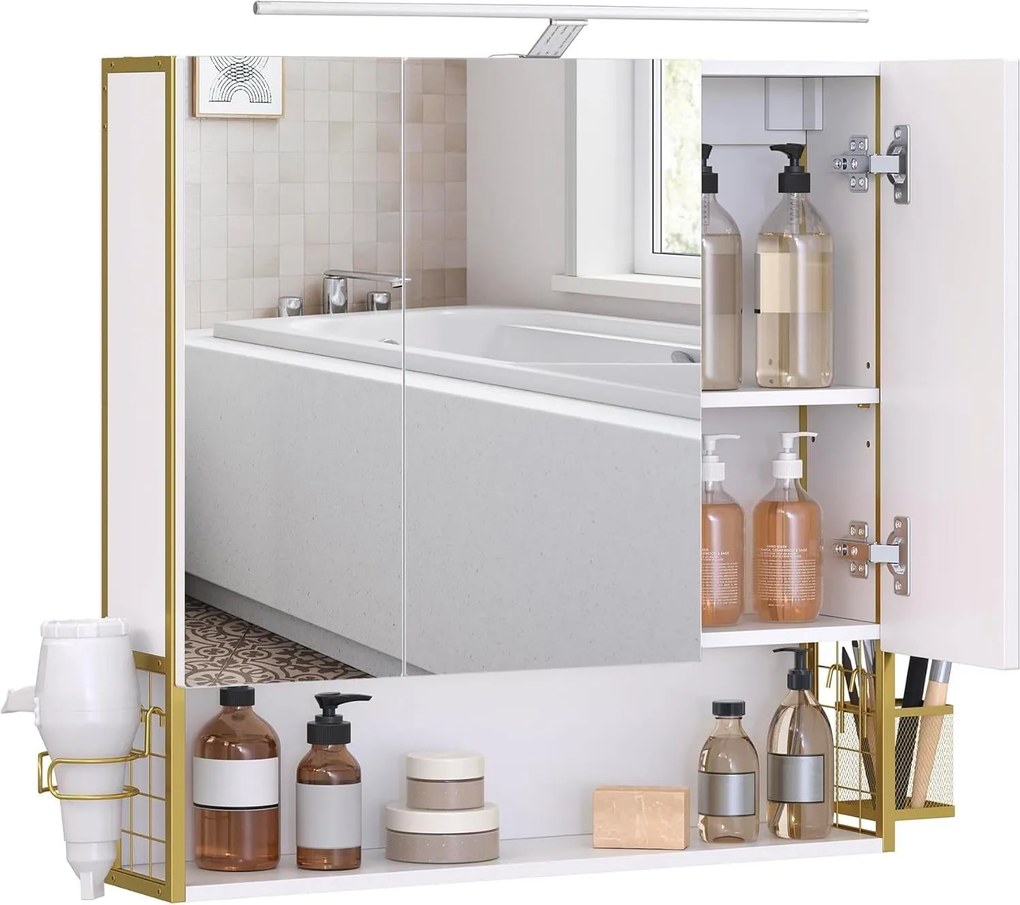 Fürdőszobai tükrös szekrény világítással, fehér-arany, 14,5×70×70 cm