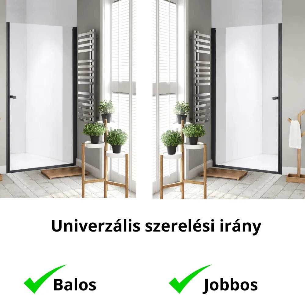 Stuxi Bari Black 90 cm széles egyszárnyú nyíló zuhanyajtó, 6 mm vízlepergető üveggel, matt fekete profillal, 195 cm magas