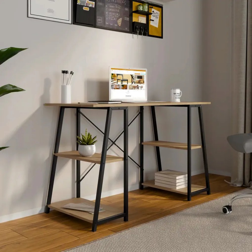 Polcos íróasztal / számítógépasztal 120×50 cm, masszív fém vázzal, fekete–aranytölgy – Intenso Home
