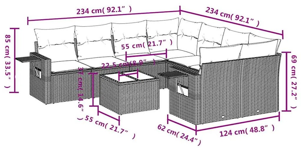 9 részes világosszürke polyrattan kerti ülőgarnitúra párnával