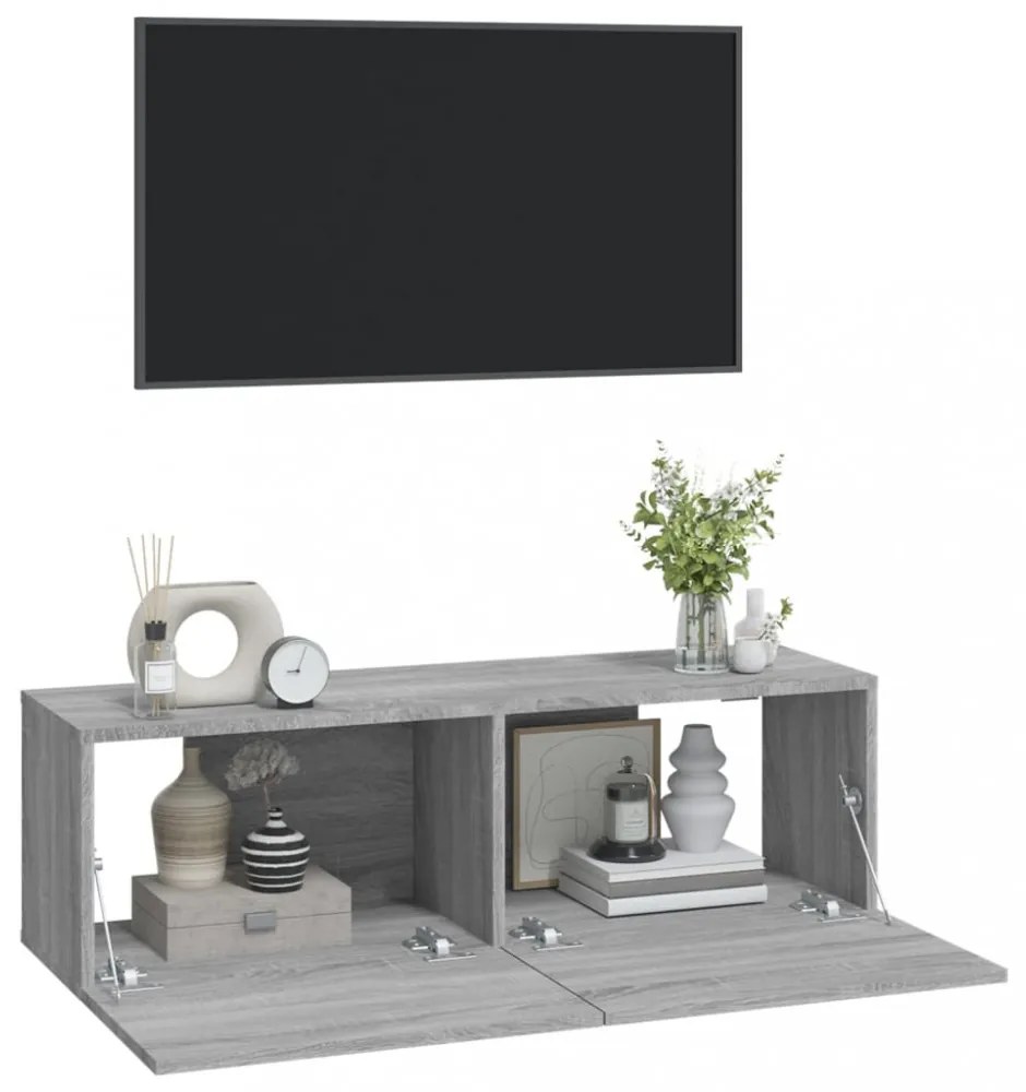 2 db szürke -tölgyszín szerelt fa fali TV-szekrény 100x30x30 cm
