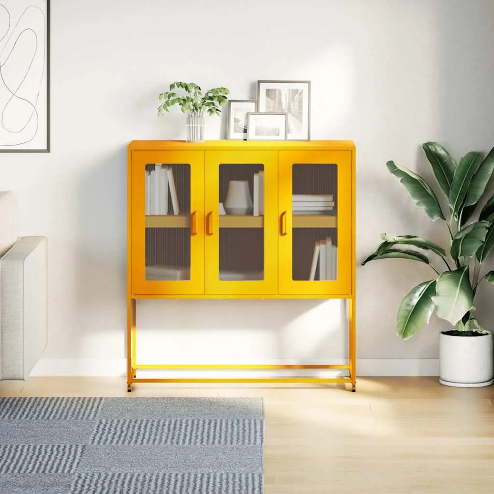 mustársárga hideghengerelt acél tálalószekrény 100,5x39x107 cm