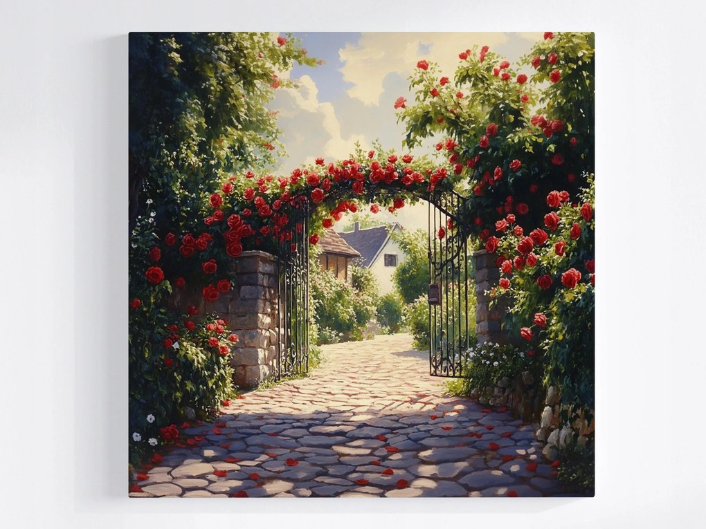 Vászonkép Canvas Kapu Vörös Rózsák Vidéki Kert Ház Természet 80x80