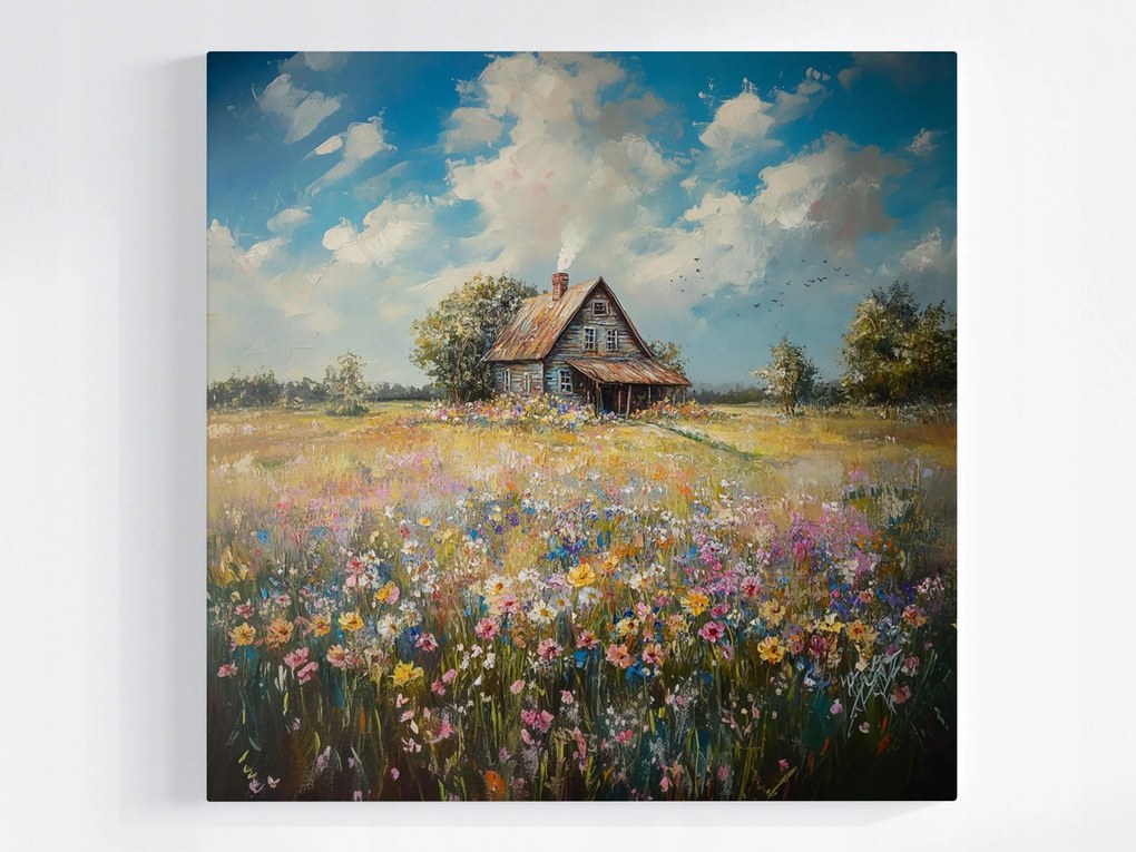 Vászonkép Canvas Tájkép Falu Ház Kunyhó Rét Virágok Tavasz 80x80