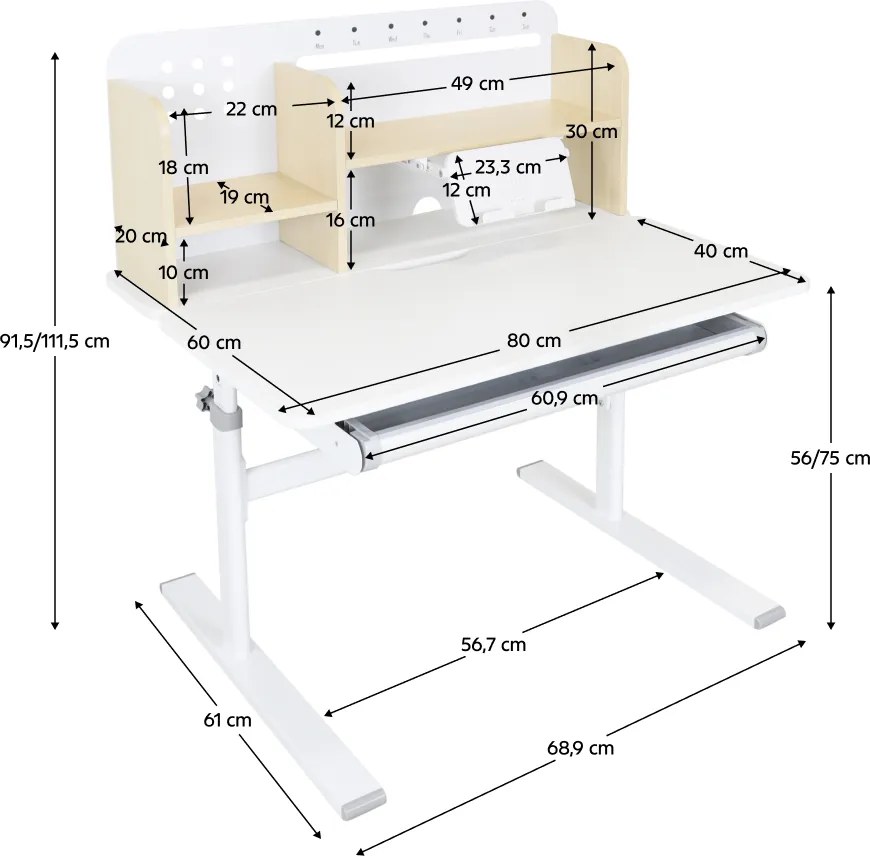 Növekvő íróasztal, természetes/fehér, ADAN
