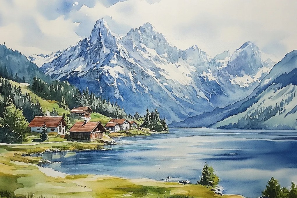 Vászonkép Canvas Tájkép Hegyek Csúcsok Alpok Tó Házak Falu 120x80