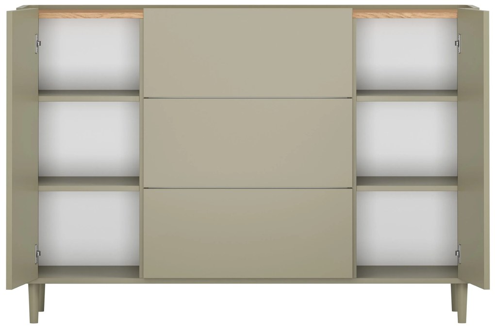 Elivo komód 150 cm fiókokkal, fém lábakon - eukaliptusz / baltic dune tölgy