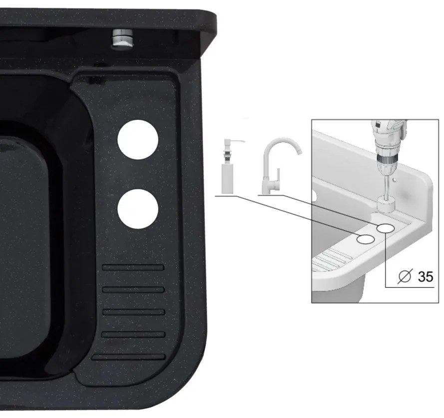 Mosogató Quality Universe, univerzális műanyag mosogató 50x34x31 cm + szifon, 1 kamrás, fekete, SKQ-KGK50-BK