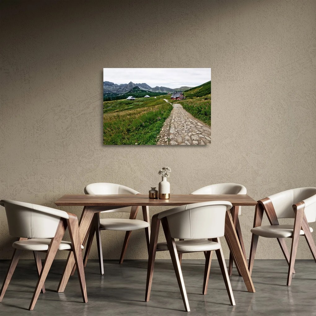 Üveg kép - Hegyi táj házakkal (70x50 cm)
