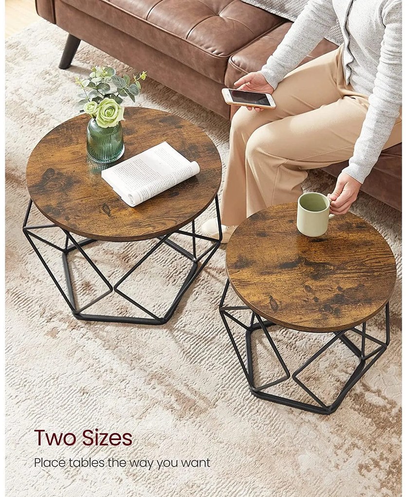 Dohányzóasztal, 2 oldalsó asztal, ø50cm és ø40cm, barna-fekete