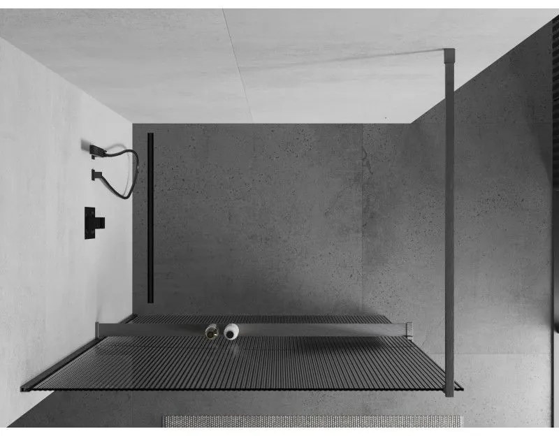 Mexen Kioto+, Walk-In zuhany paraván polccal és akasztóval 140 x 200 cm, 8 mm-es üveg bordás mintával, grafit profil, 800-140-121-66-09
