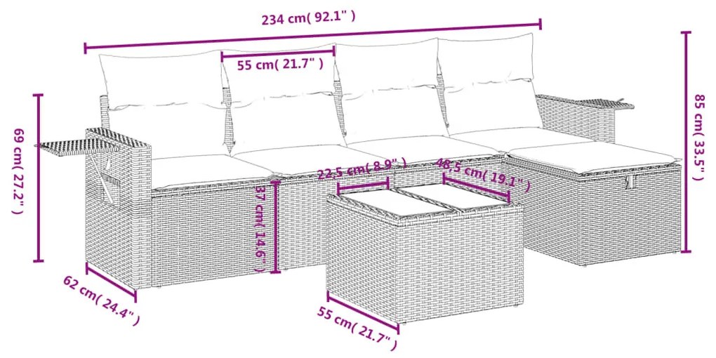 6 részes világosszürke polyrattan kerti ülőgarnitúra párnákkal