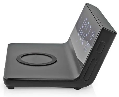 Nedis WCACQ20BK - Ébresztőóra LCD kijelzővel és vezeték nélküli töltő 15W/5V fekete
