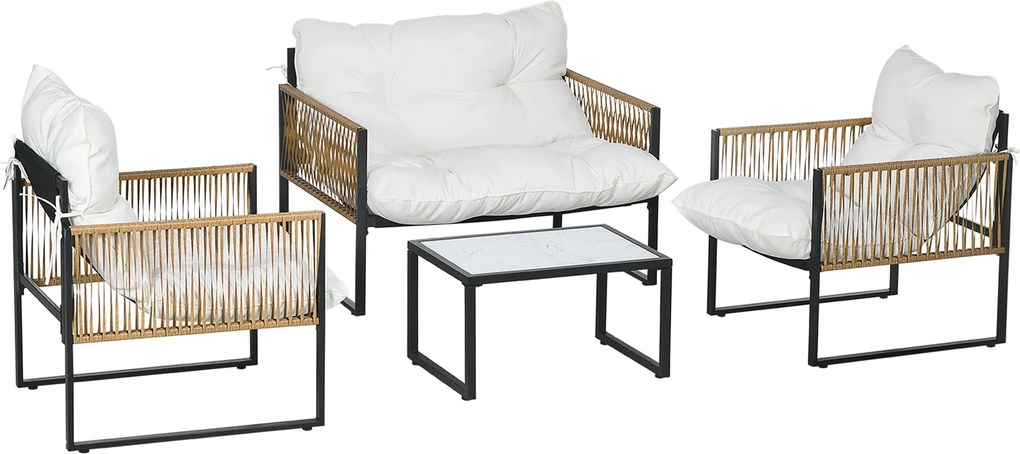 Outsunny 4 részes kültéri rattan kertibútor szett – 1 kétszemélyes kanapé, 2 karosszék párnákkal és 1 üveg tetejű dohányzóasztal | Aosom