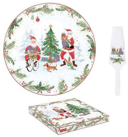 Joyful Santa porcelán karácsonyi kerek tortatál lapáttal, 32cm, díszdobozban