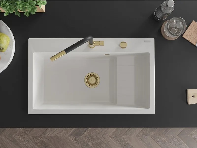Mexen Omar egymedencés gránit mosogató 800 x 480 mm, fehér, arany szifon - 6520801005-20-G
