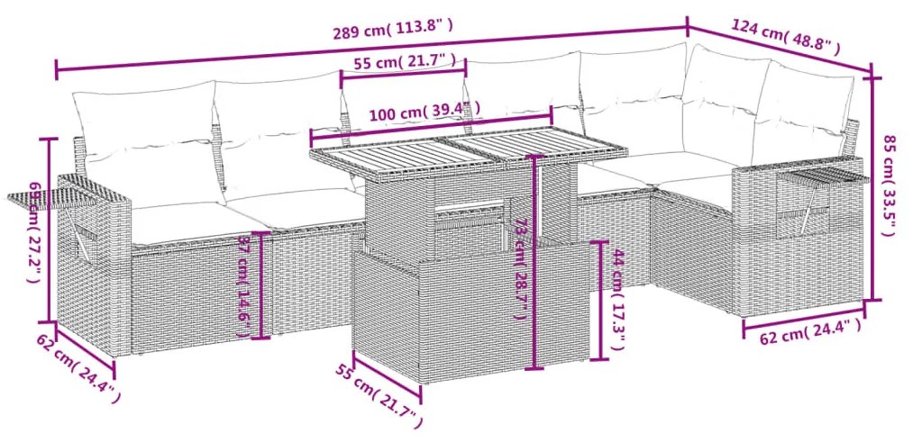 7 részes bézs polyrattan kerti ülőgarnitúra párnákkal