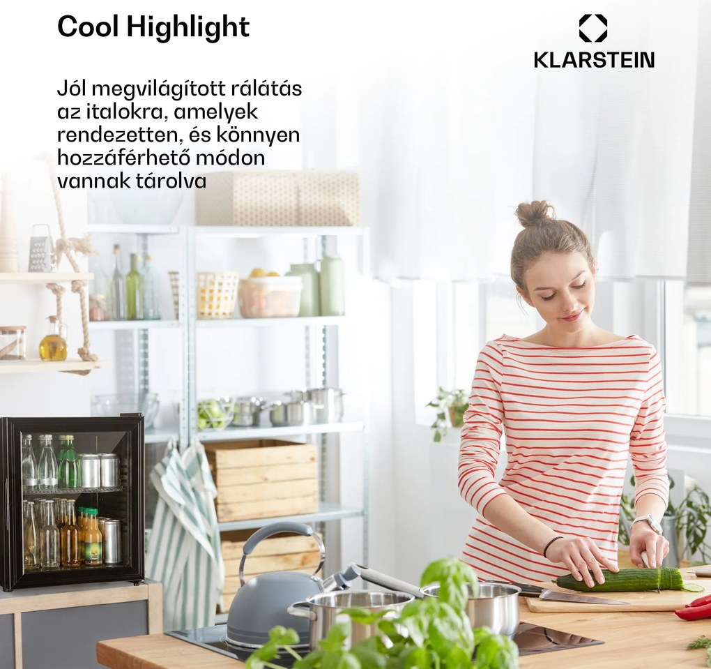 Klarstein Brooklyn 23, mini hűtőszekrény, üvegajtó, LED világítás, polcok