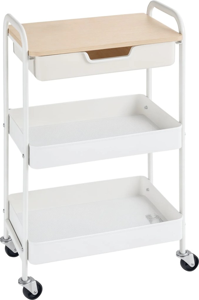 HOMCOM Kerekes Konyhai Kocsi Tároló Kocsi Levehető Fiókkal, 2 Kosárral és Fékezhető Kerekekkel fürdőszobába, nappaliba, hálószobába 43.9x30.5x75.6 cm