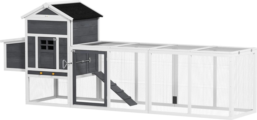PawHut Kültéri Tyúkól Fa Tyúkól Nagy Kifut 3-6 Tyúk számára Fészekdobozzal Aszfalt Tetővel Levehető Tálcával és Rámpával 297,5x68x118 cm Szürke és Feh