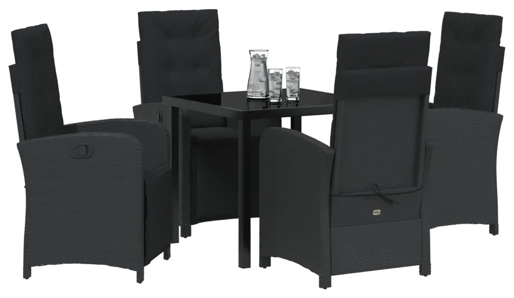 5 Részes Kerti Étkező Készlet Párnákkal - Fekete Polirattan, Kerti Asztal Fekete 80x80x73 cm Edzett Üveg