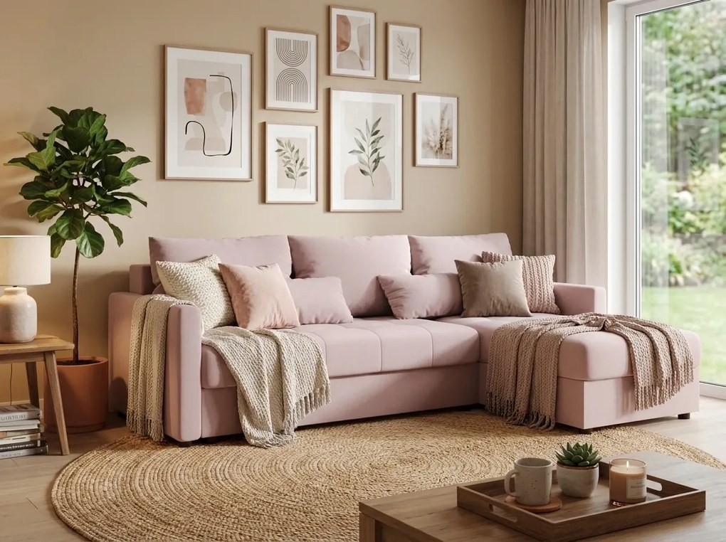VENORIA L alakú kihúzható sarokkanapé, 220x143 cm, púderrózsaszín + 2 párna INGYEN