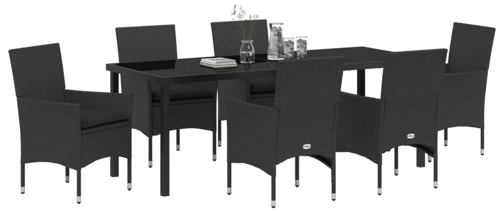 7 Darabos Kert Étkező Készlet Párnákkal Fekete Poli Rattan, Kert Asztal Fekete 200x80x73 cm Edzett Üveg