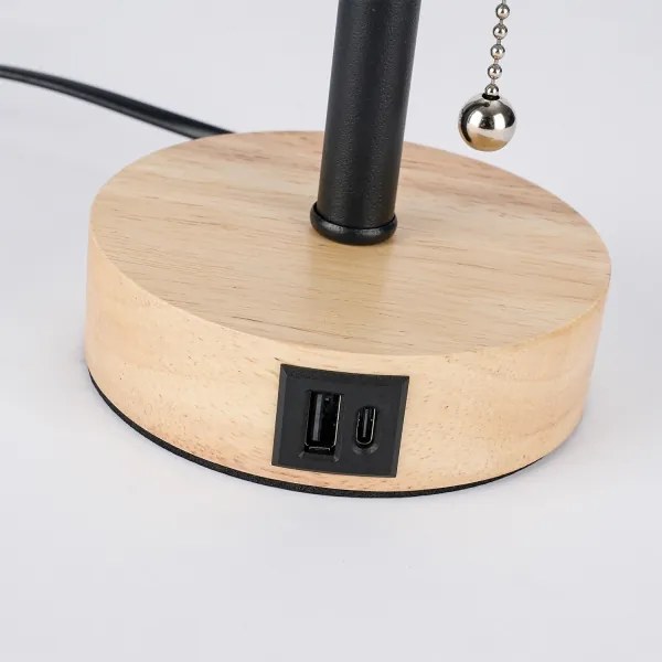 Brilagi - TABLON asztali lámpa USB-porttal 1xE27/25W/230V tölgy/fekete/krémszínű