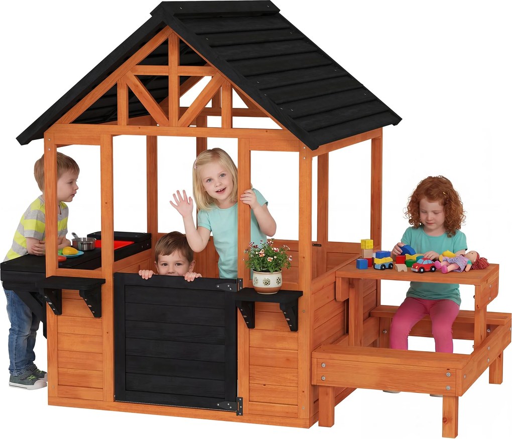 AIYAPLAY Wooden Outdoor Playhouse for Kids — Table, Benches, Sink, Door, Window & Flower Boxes, Brown, 166.3 x 112.5 x 139.7 cm (65.5 x 44.3 x 55.0 in