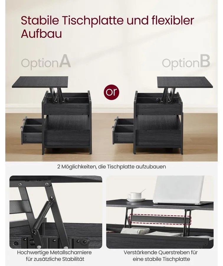 VASAGLE dohányzóasztal, magasságában állítható, 50×100 cm, antracitszürke–tintafekete