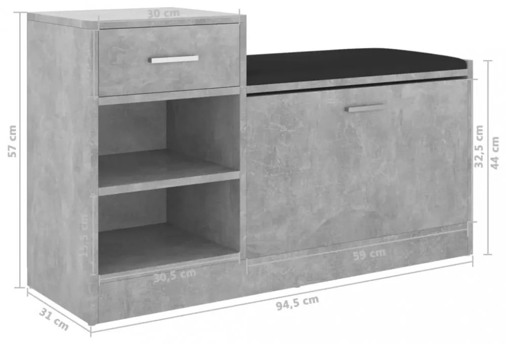 betonszürke szerelt fa cipőtároló pad 94,5 x 31 x 57 cm
