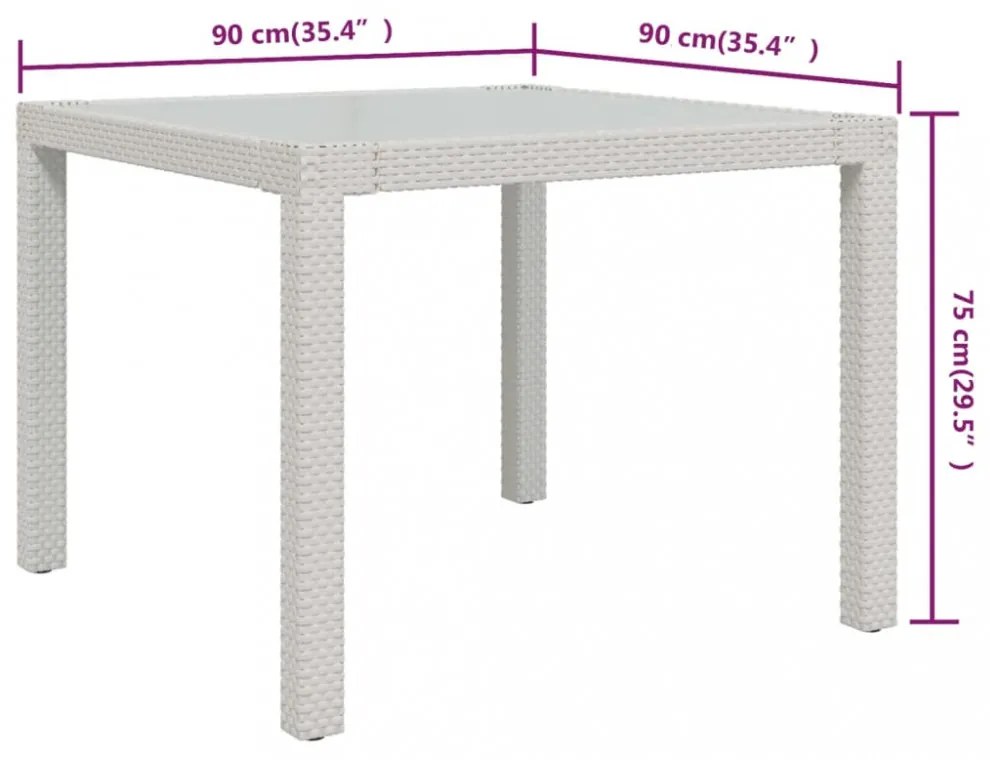 fehér polyrattan és edzett üveg kerti asztal 90 x 90 x 75 cm
