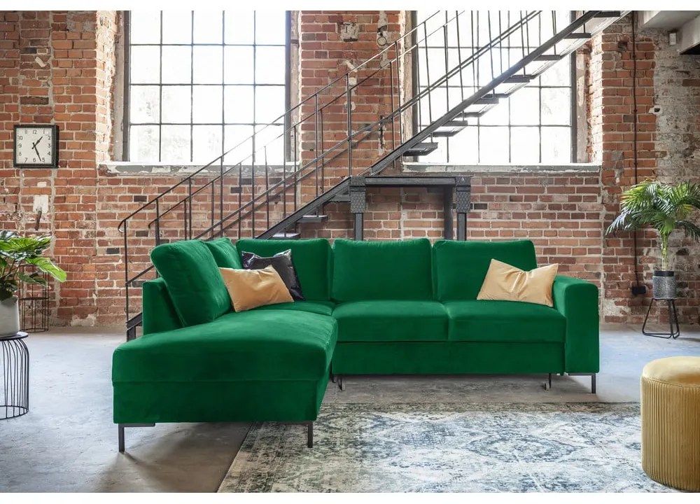 Sötétzöld bársony kinyitható sarokkanapé (bal oldali) Lofty Lilly – Miuform