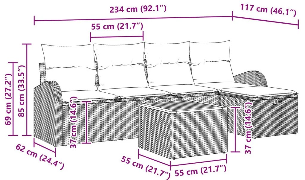 6 darabos kerti kanapé szett párnákkal fekete polyrattan