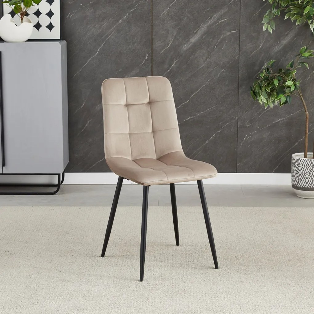 Scaun de sufragerie, material din catifea de culoarea trufei, picioare metalice negre