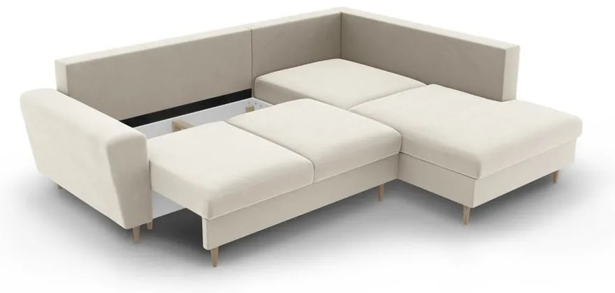 Bézs bársony kinyitható tárolóhelyes sarokkanapé (jobb oldali-L alakú) Kyoto – Cosmopolitan Design