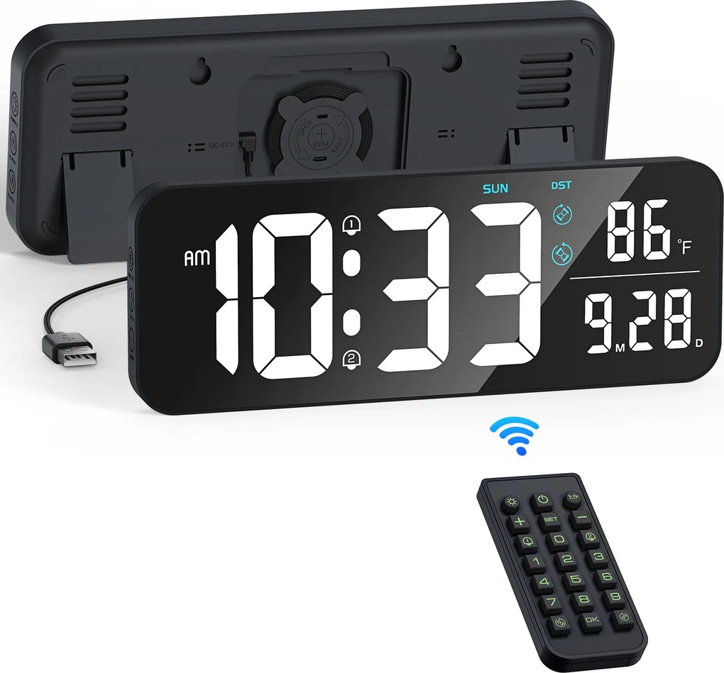 Nagy elektronikus óra Led fali asztali 3D ébresztőóra hőmérő fekete