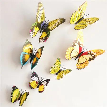 Öntapadós falmatrica 3D-s pillangókkal, mágneses, 12 db sárga