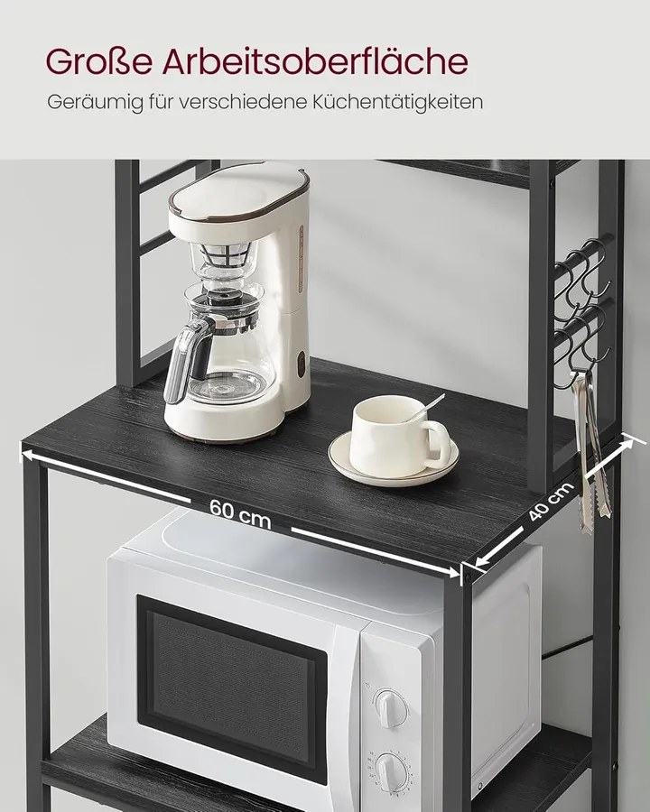 Konyhai állvány, álló polc, mikróállvány, szürke–fekete, 40×60×167 cm