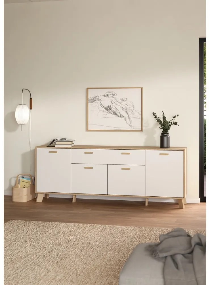 Fehér-natúr színű komód tölgyfa dekorral 196x73x39 cm Ikast – Tvilum