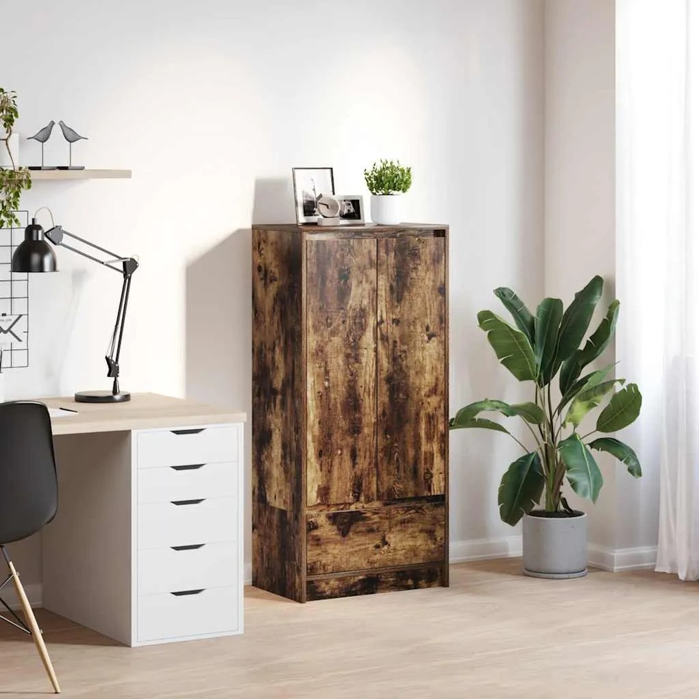 füstös tölgy színű szerelt fa szekrény fiókkal 55,5x34x119,5 cm